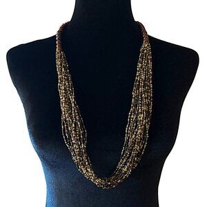 Boho Style Beaded Necklace Chunky Multi Strand Brown Cream